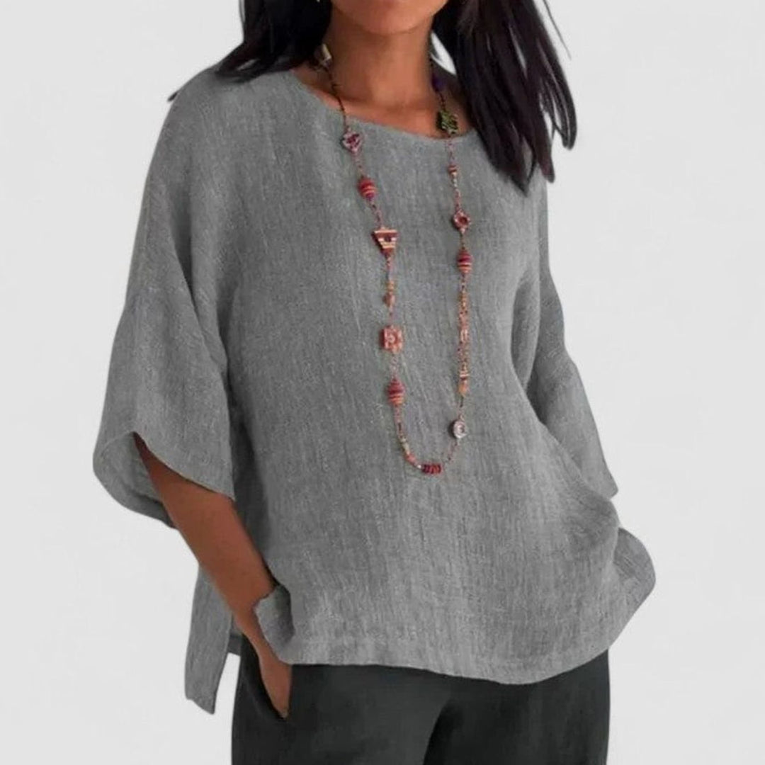 Women's Relaxed-Fit Cotton-Linen Three-Quarter Sleeve Blouse - Grey