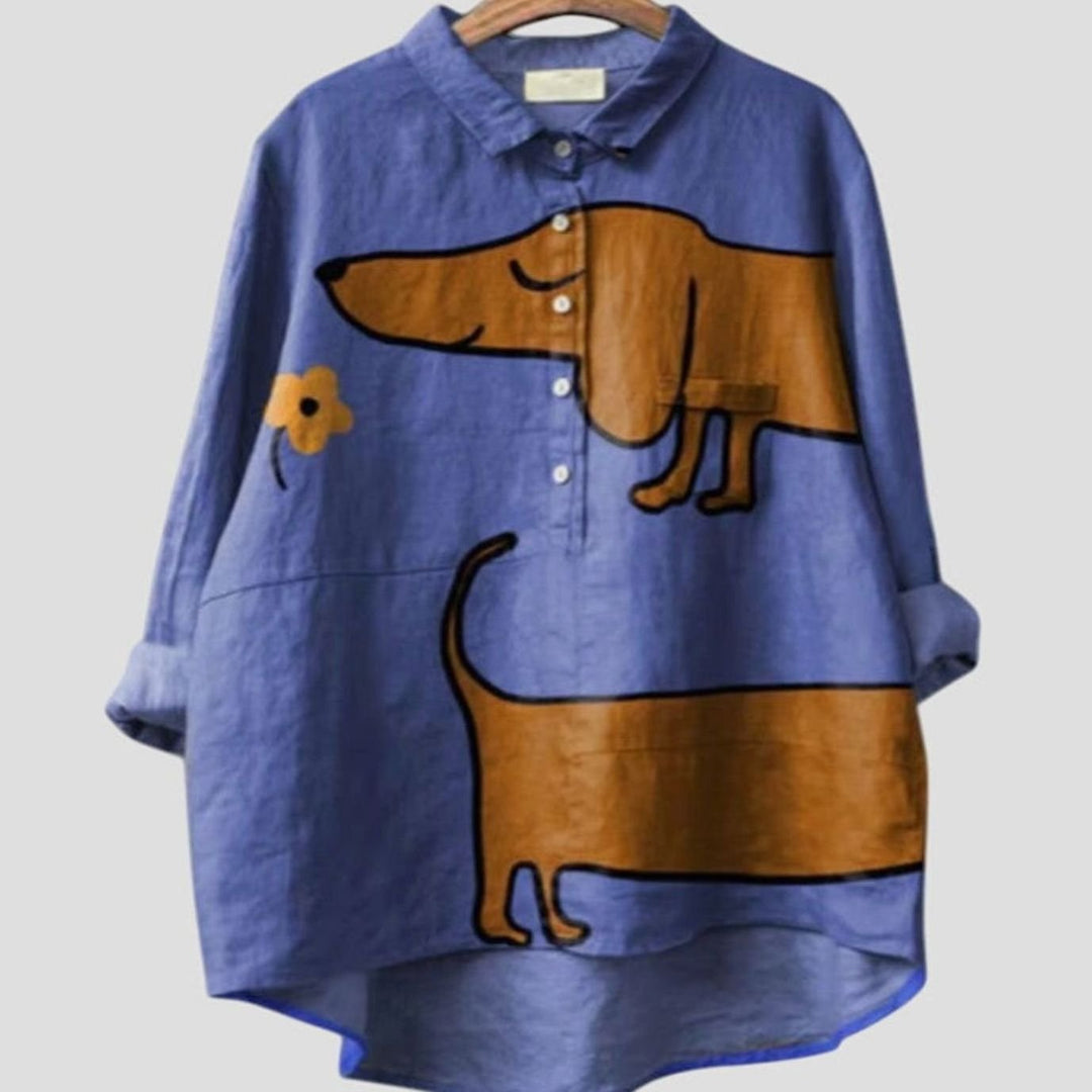 Women's Relaxed-Fit Dachshund Print Button-Up Linen Shirt - Dachshund Blue