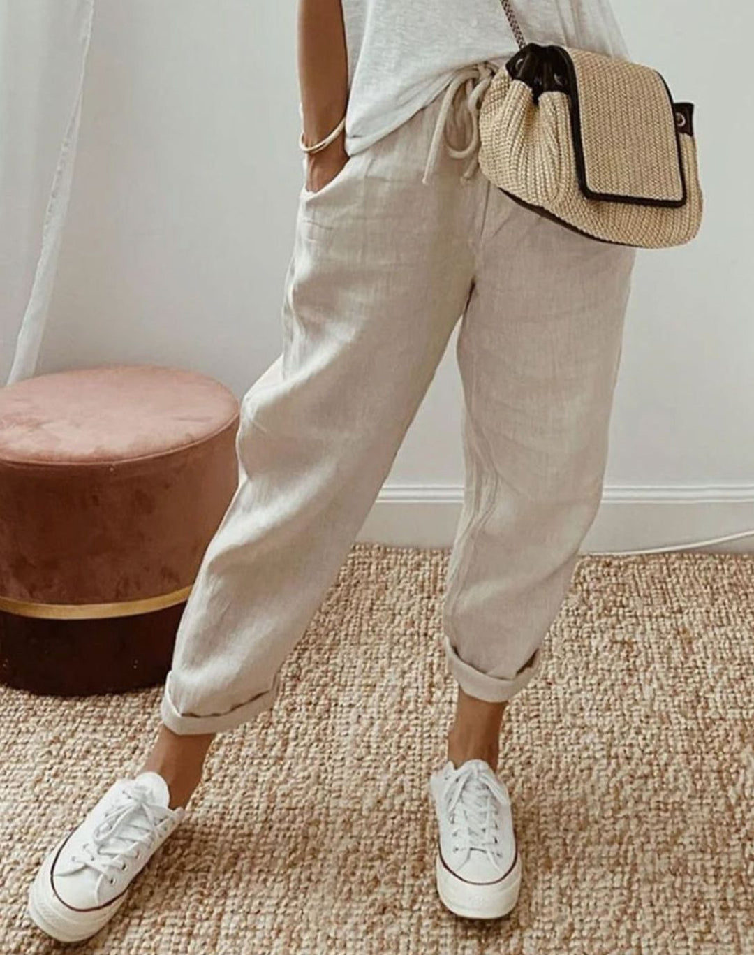 Women's Relaxed-Fit Drawstring Linen Jogger Trousers - Beige