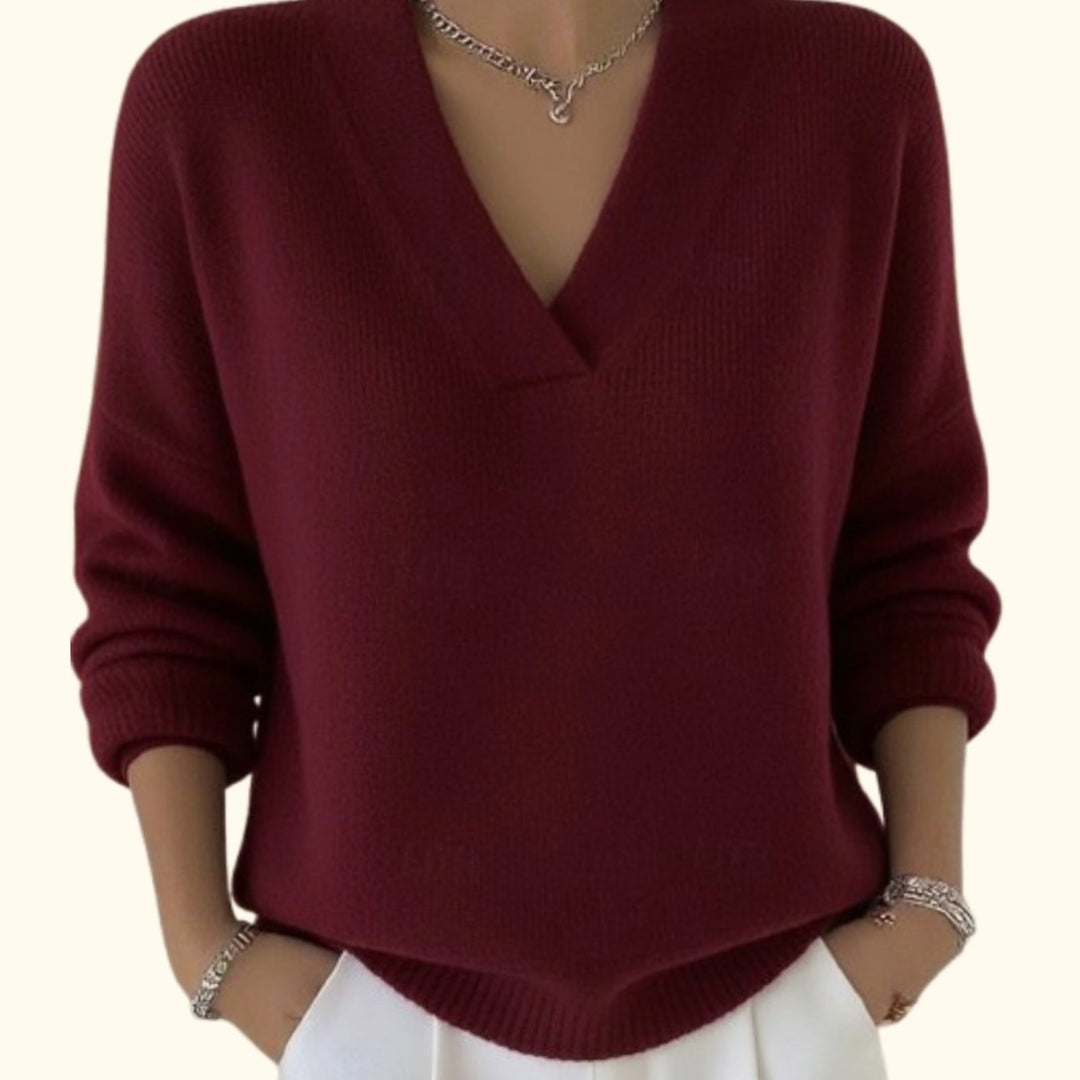 Women's Relaxed V-Neck Knit Jumper - Red