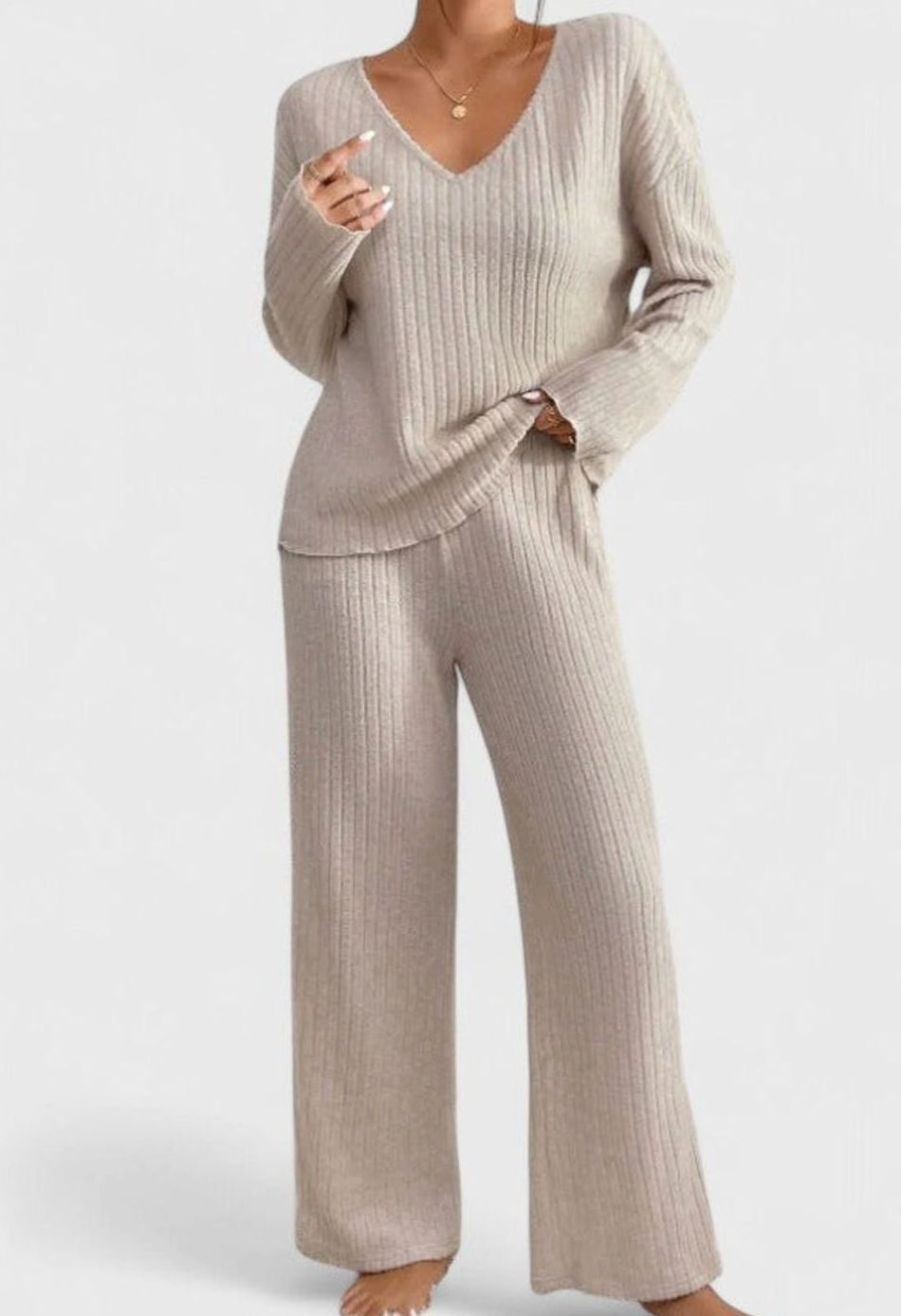 Women's Ribbed Knit Wide-Leg Lounge Set V-Neck Long Sleeve - Beige