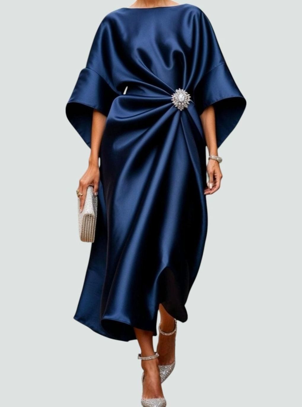 Women's Satin Brooch-Cinched Kimono-Sleeve Elegant Dress - Navy Blue
