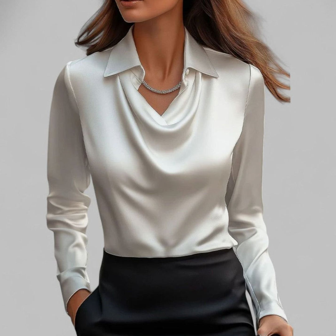 Women's Satin Cowl-Neck Fitted Long-Sleeve Blouse - White