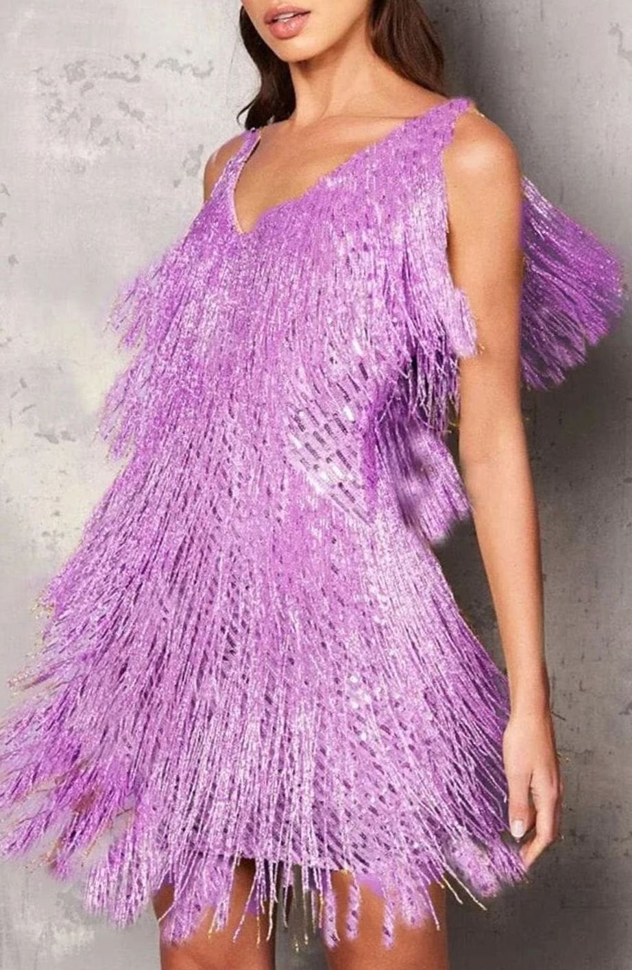 Women's Sequin Fringe A-Line Cocktail Dress Party Mini - Purple