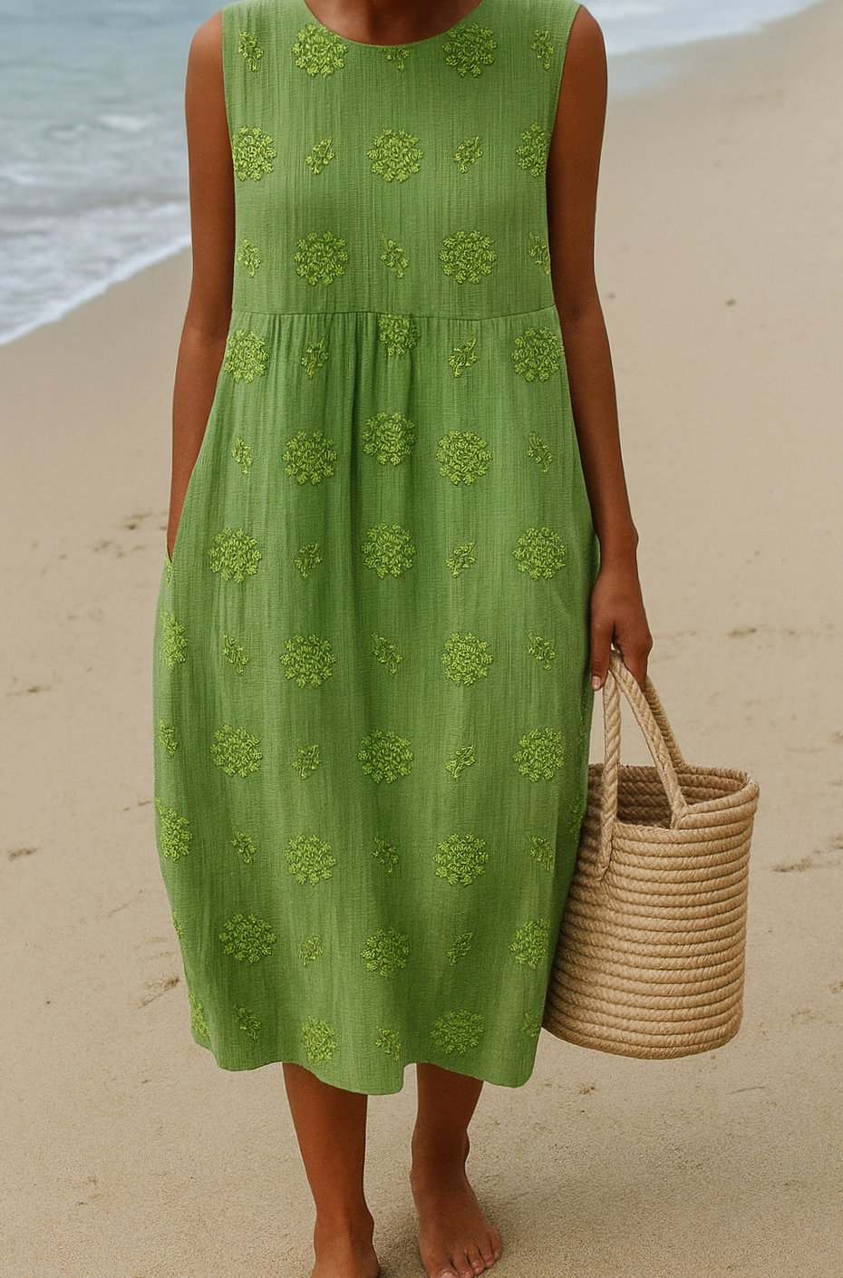 Women's Sleeveless Floral Embroidered Loose-Fit Light Dress - Green
