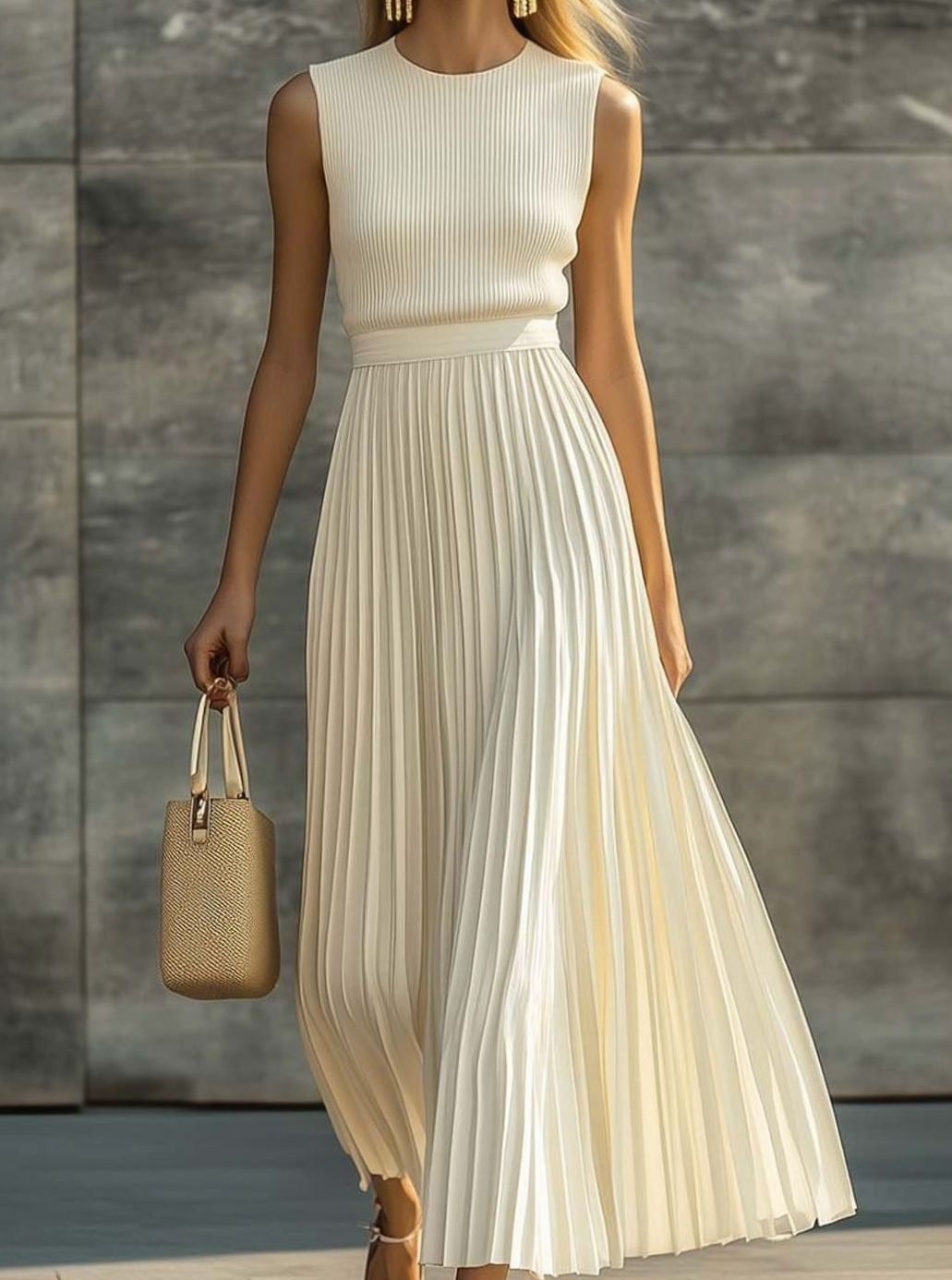 Women's Sleeveless Knit Bodice Pleated Chiffon Maxi Dress - Cream