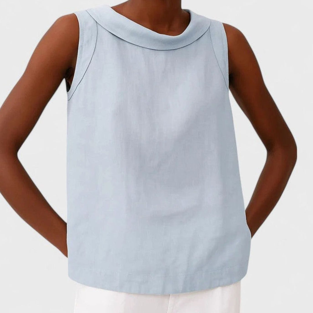 Women's Sleeveless Roll-Collar Linen-Look Relaxed Top - Blue