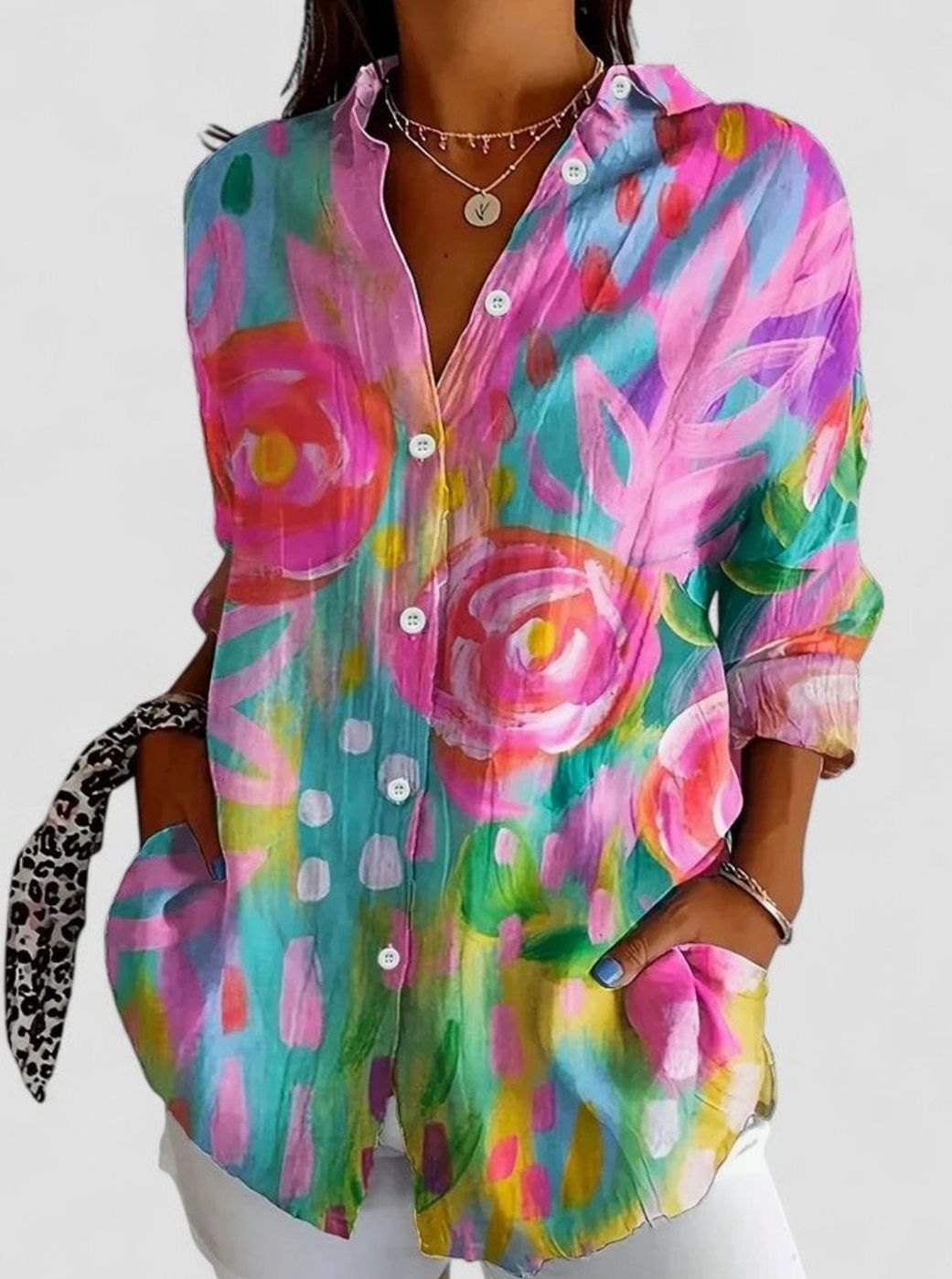Women's Sophisticated Floral Print Button-Up Blouse - Pink