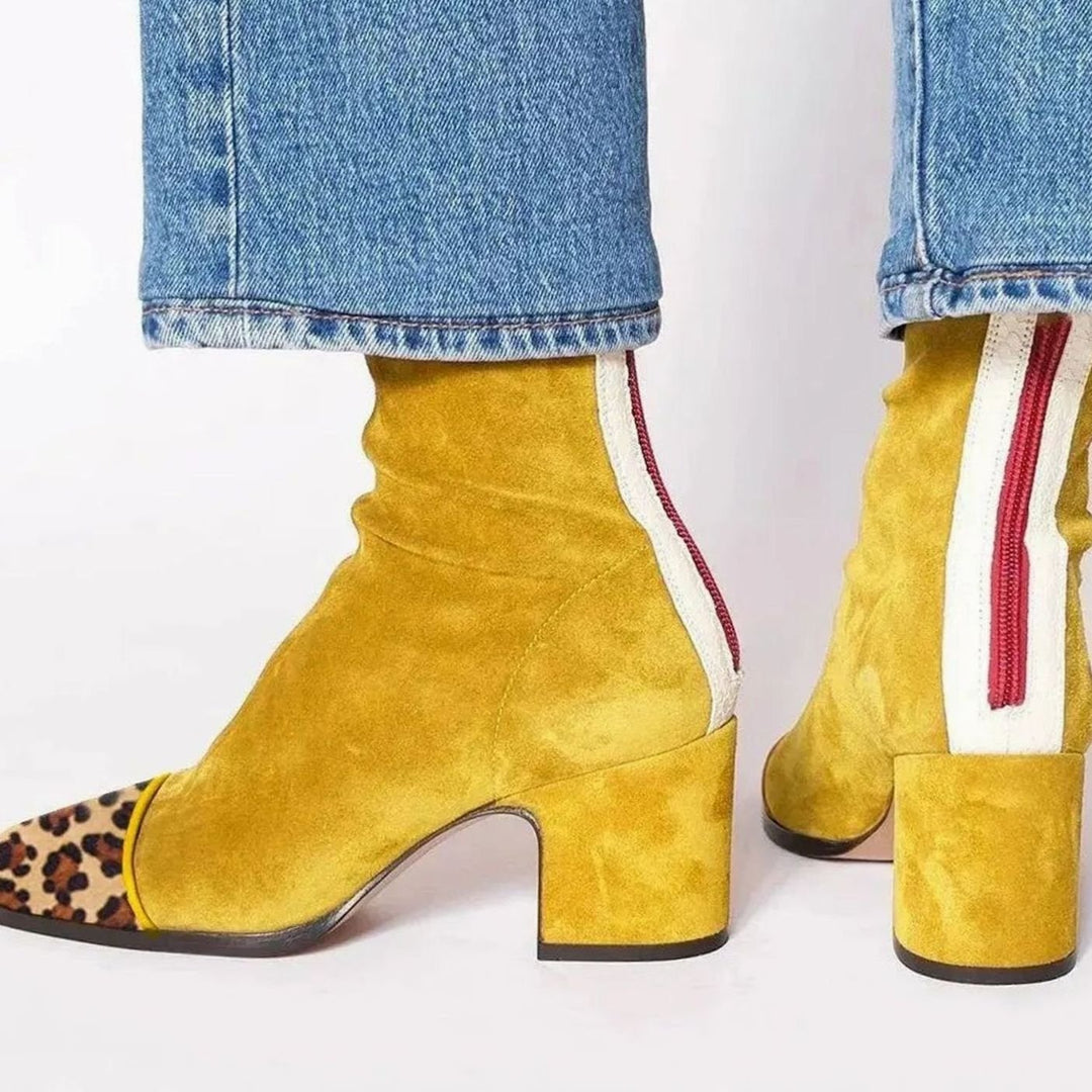 Women's Square-Toe Block-Heel Suede Contrast-Panel Ankle Boots - Yellow
