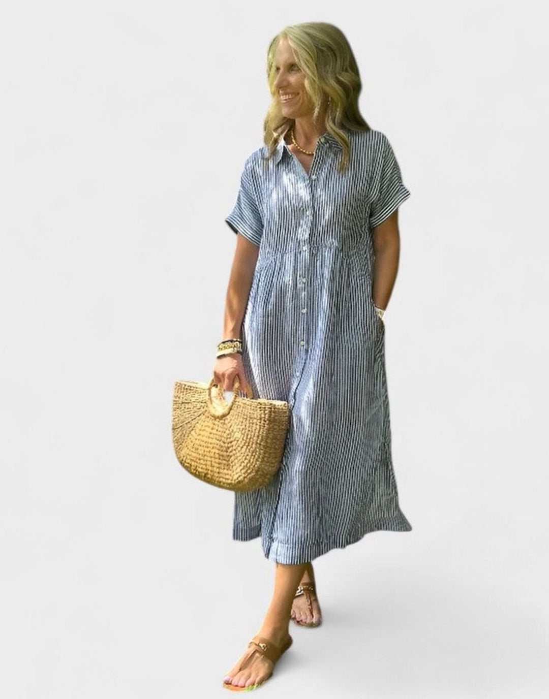 Women's Striped Midi Shirt Dress Short-Sleeve Button-Through