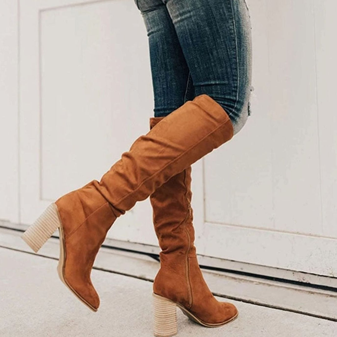 Women's Suede Block Heel Slouch Knee-High Boots - Brown