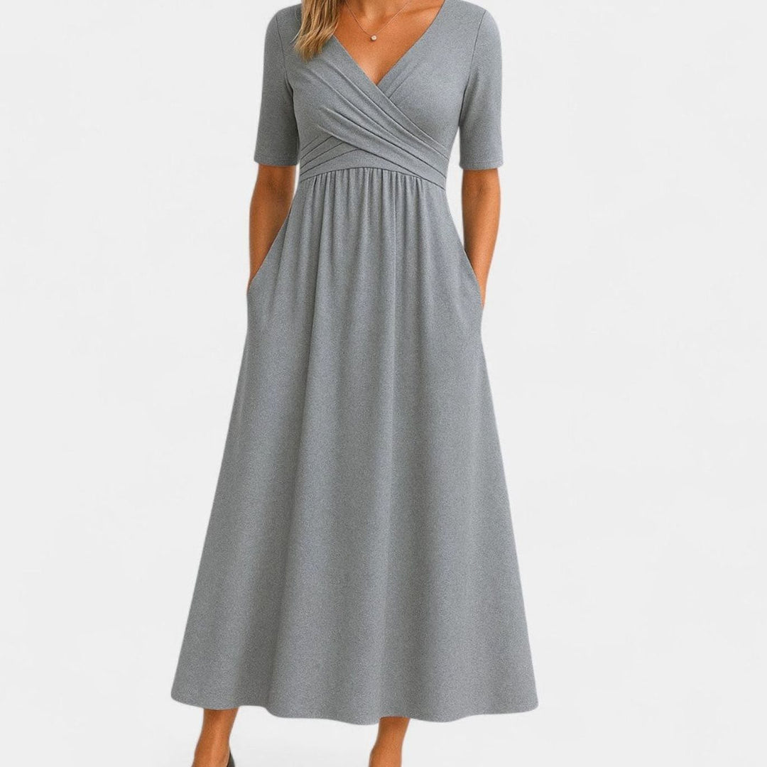 Women's V-Neck Wrap-Front High-Waist Midi Dress Pockets - Grey