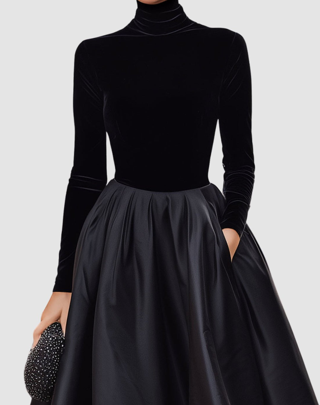 Women's Velvet Bodice Turtleneck Full-Skirt Midi Dress
