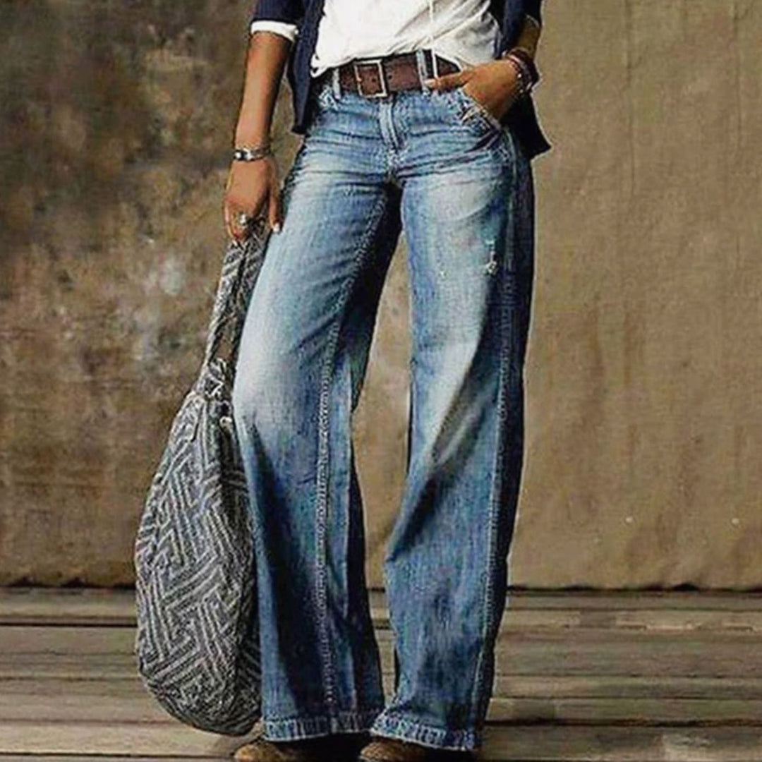 Women's Vintage Wide-Leg Denim Jeans Retro Flared Trousers - Light Blue