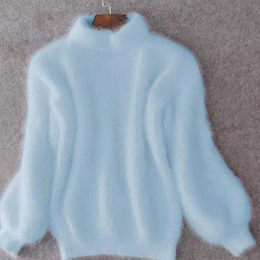 Women's Warm High Neck Fluffy Knit Sweater Relaxed Fit Jumper - Blue
