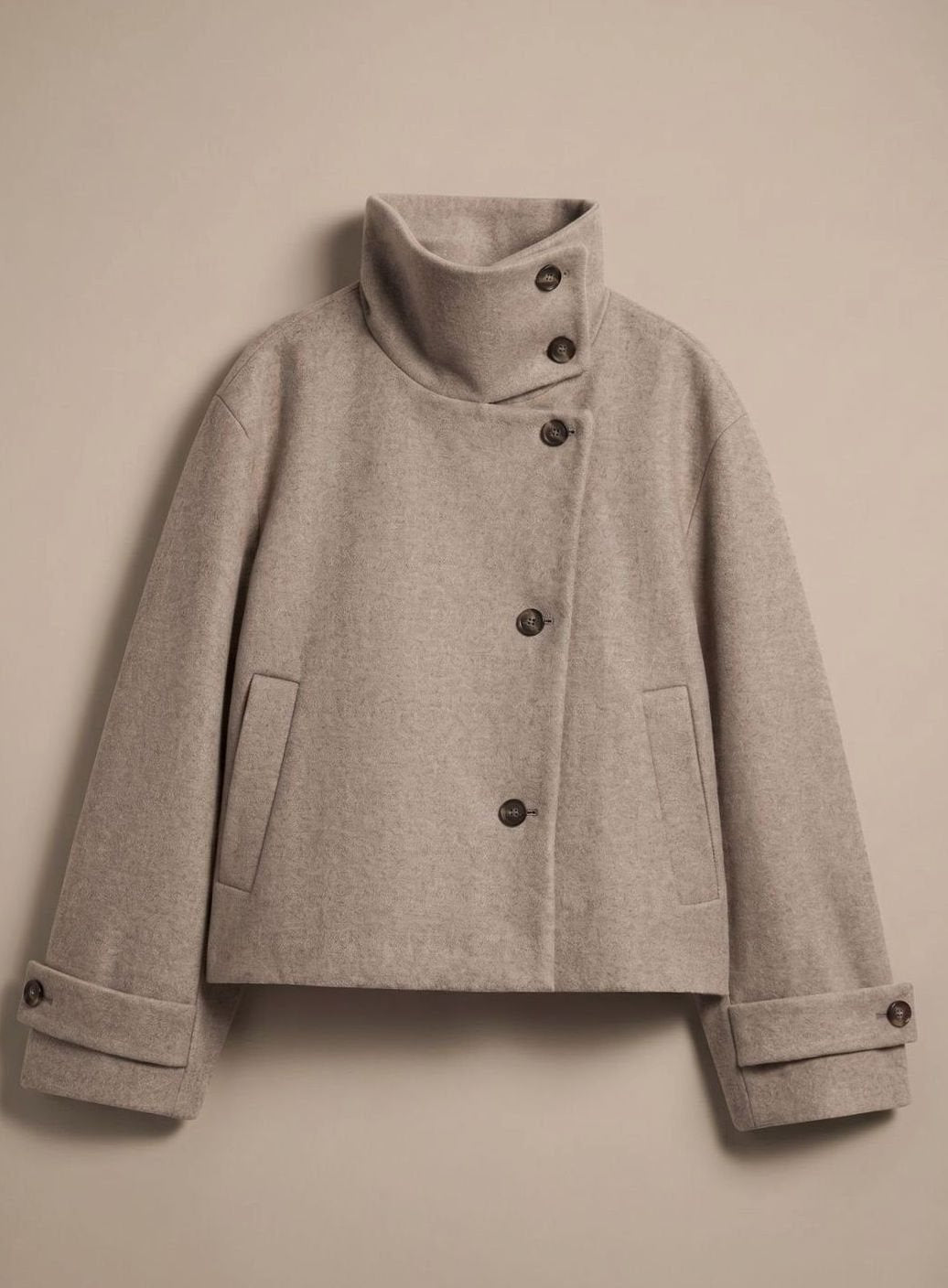 Women's Wool Blend Cropped Stand Collar Button-Front Coat - Beige